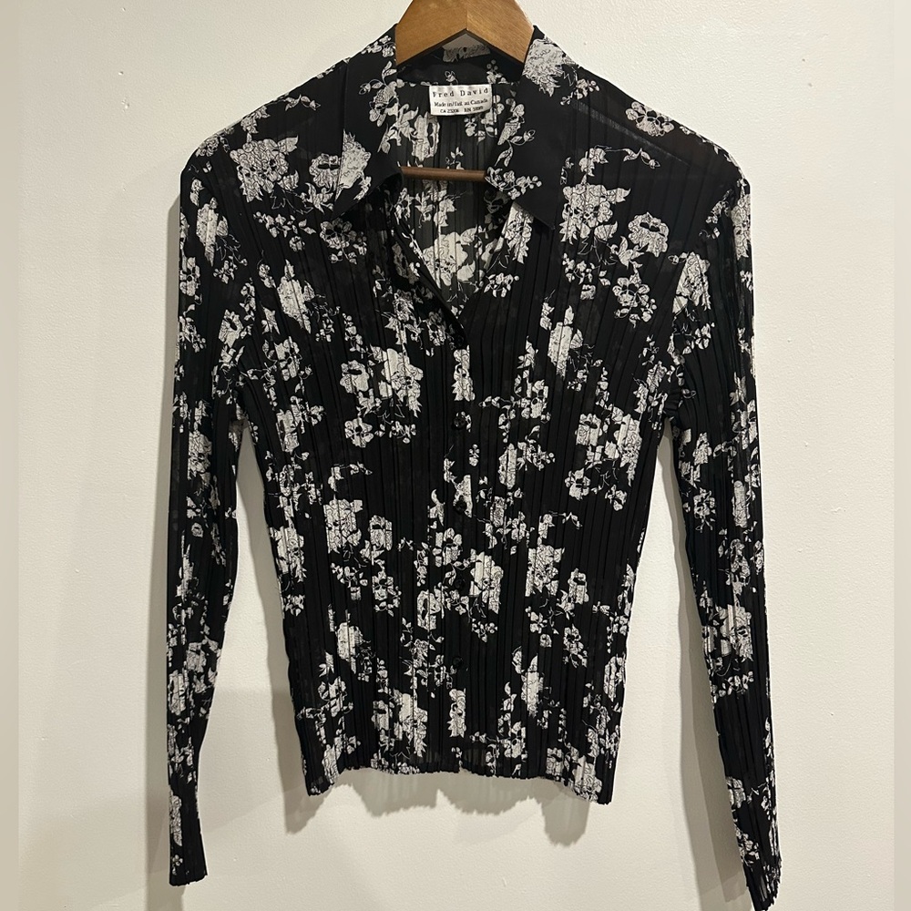FRED DAVID‎ Vintage Floral Black Sheer Y2K Pleated Blouse Size S
